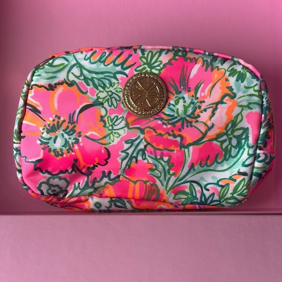 Lilly Pulitzer Pink and Green Cosmetic Bag with Tropical Floral Design